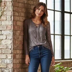 NEW David Cline Lace tie Pullover Blouse in Gray Print Women's Medium